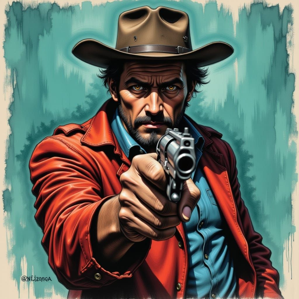Gritty Cowboy Portrait with Silver Revolver
