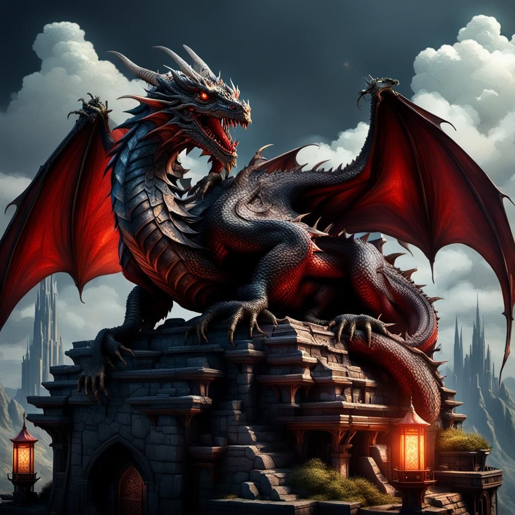 Red Dragon on Dark Tower: Fantasy Concept Art