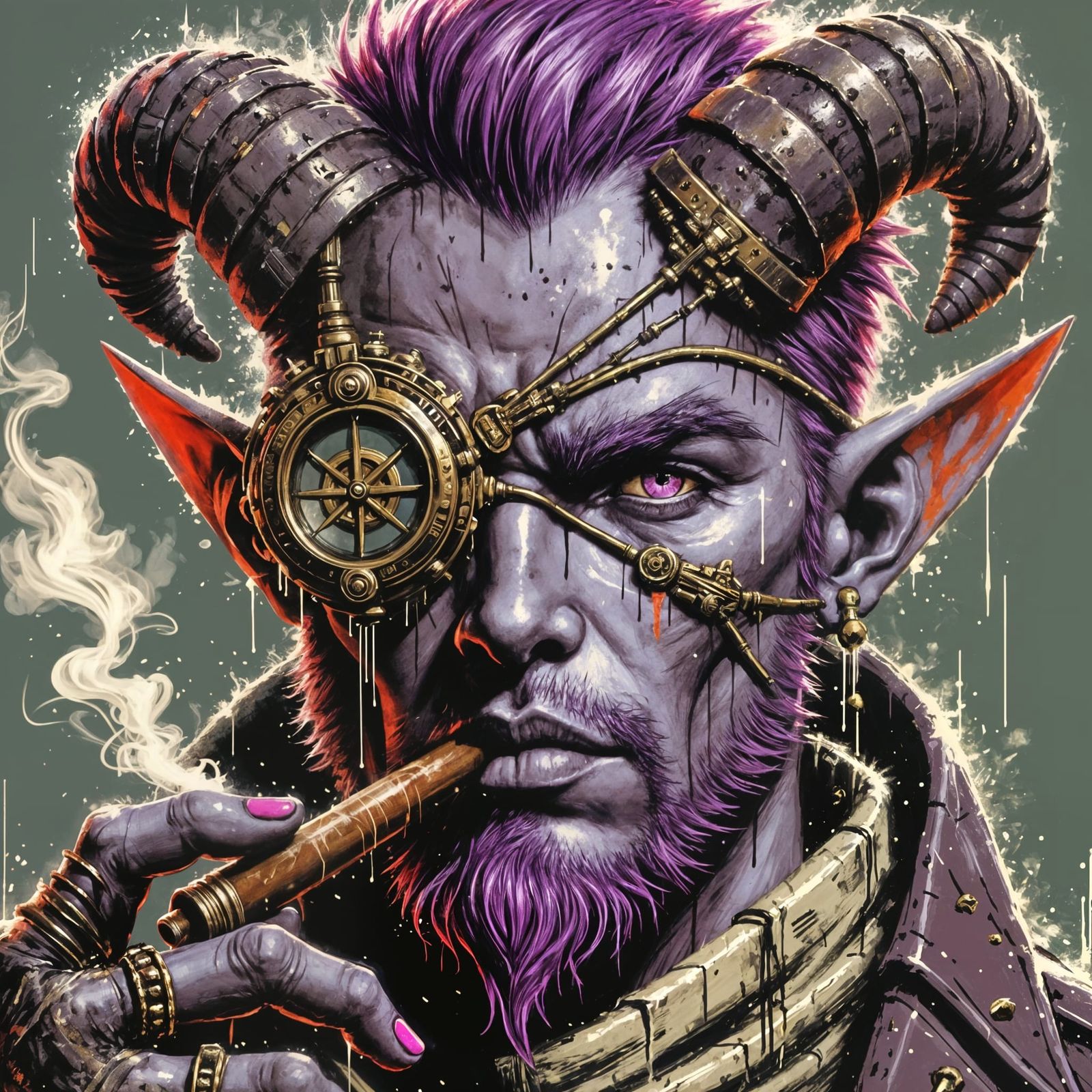 Steampunk Tiefling Smoker with Mechanical Eye, Anime Style