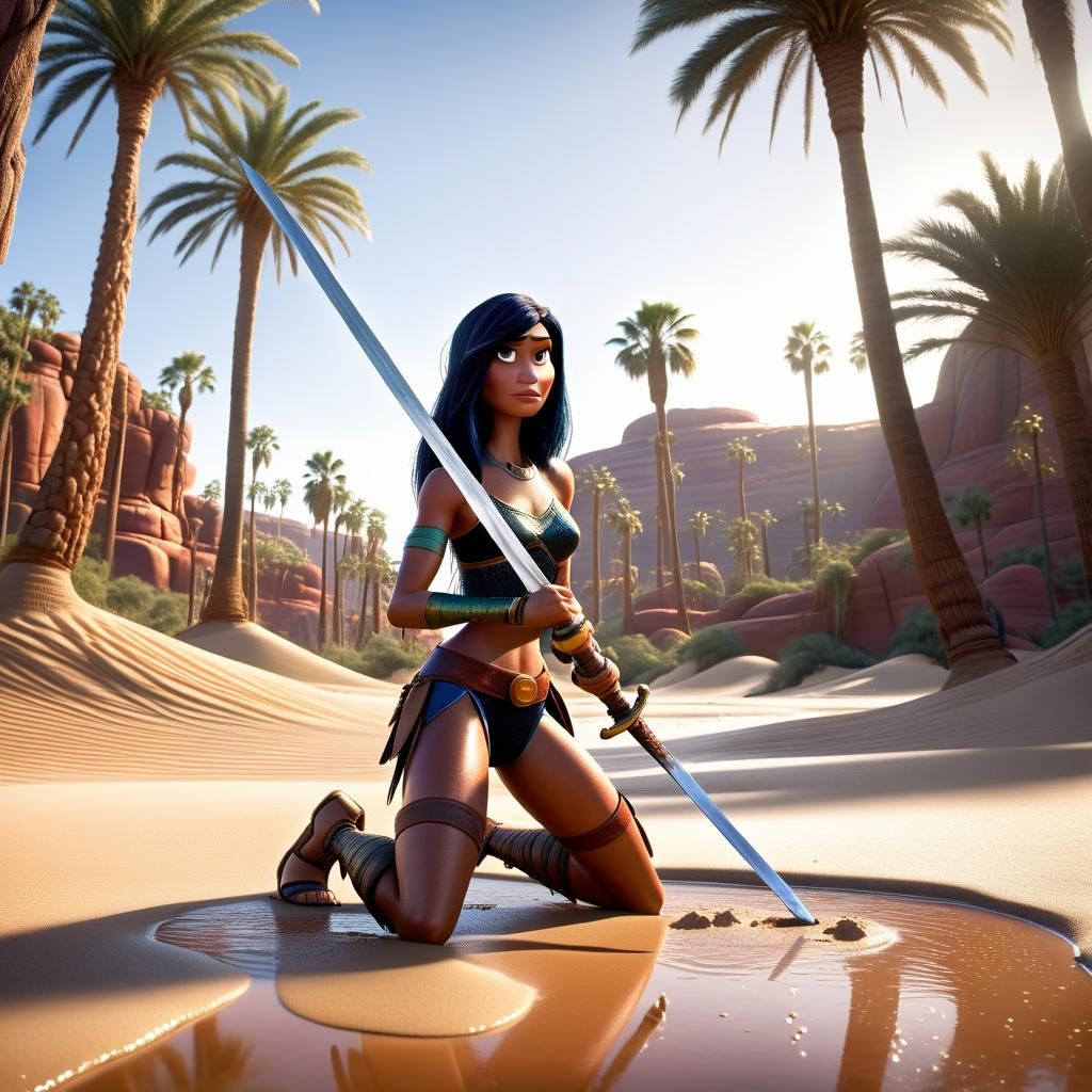 Desert Warrior Pauses for a Drink, Hyperrealistic Rendering