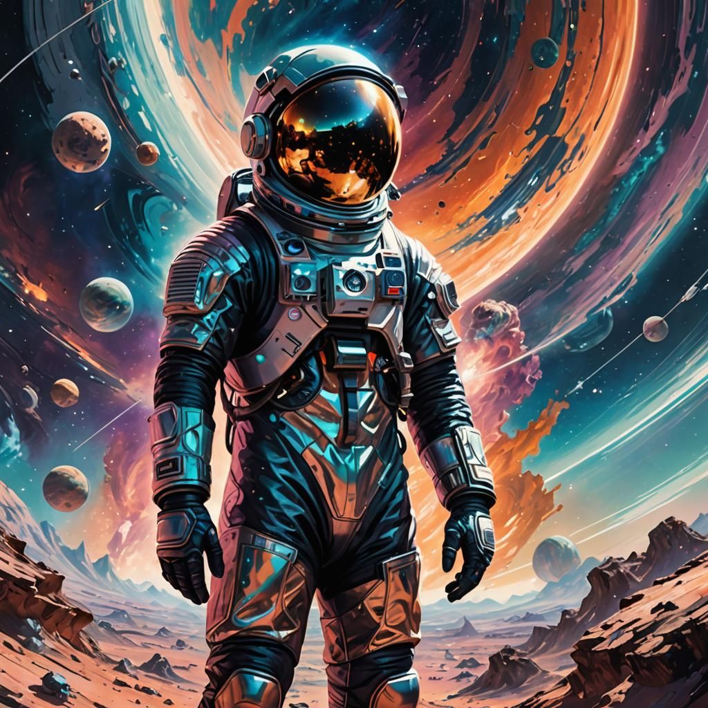 Astronaut in Futuristic Suit in Sci-Fi Landscape