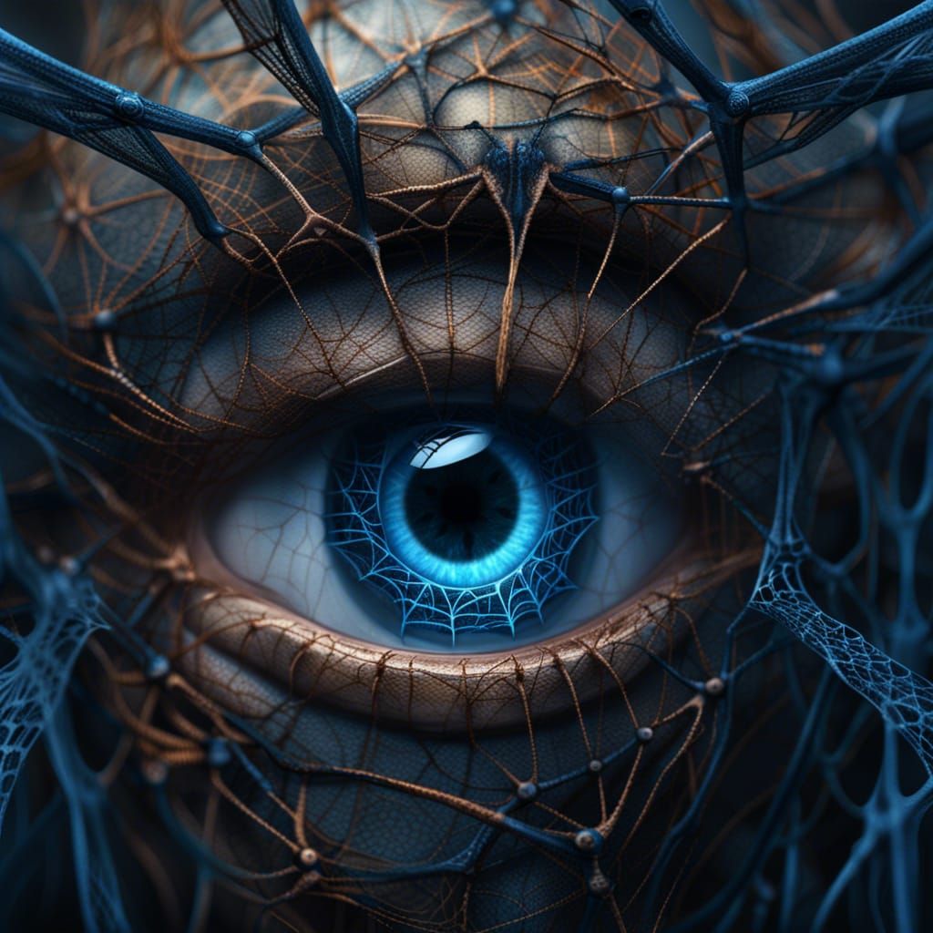 Terrified Blue Eye Entangled in Spiderwebs: Detailed Photogr...
