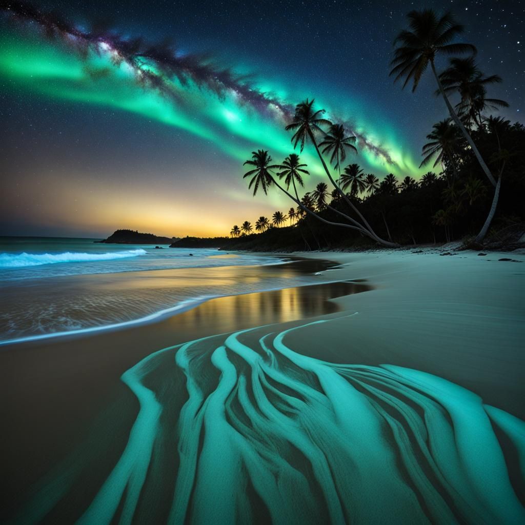 Bioluminescence waves breaking on a palm tree lined beach. #...