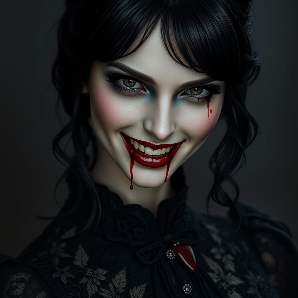Vampiress Headshot with Dripping Blood, Detailed Digital Pai...