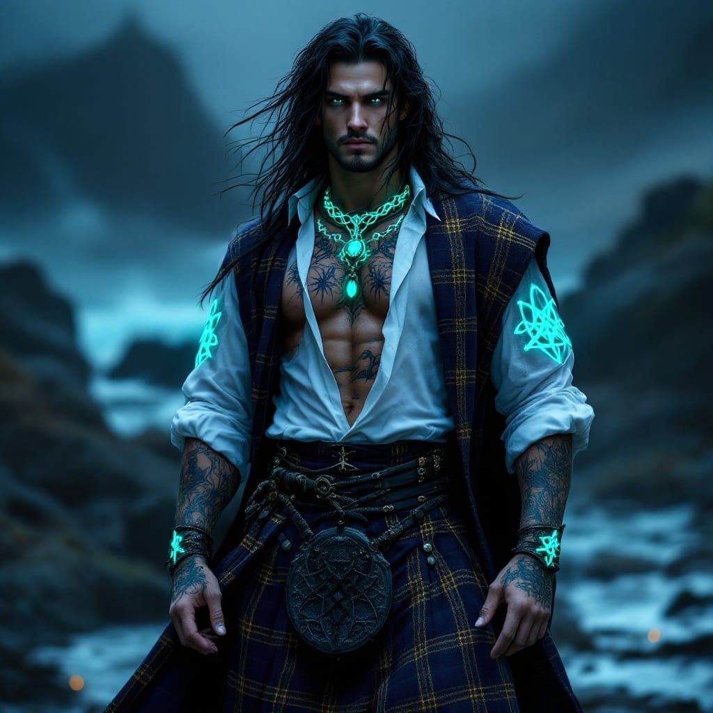 Majestic Scottish Highlander in Purple and Yellow Gingham Ki...