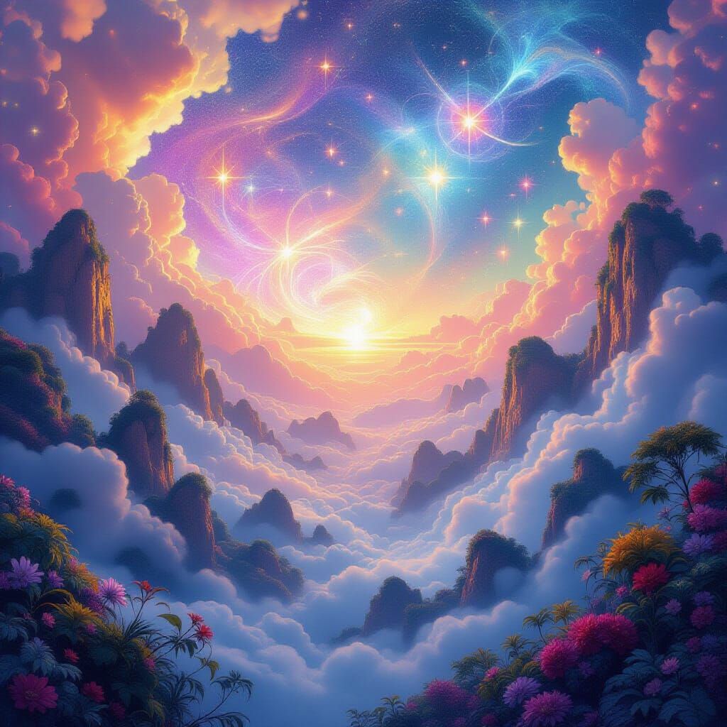Cosmic Utopia Illustration in Ethereal Mixed Media