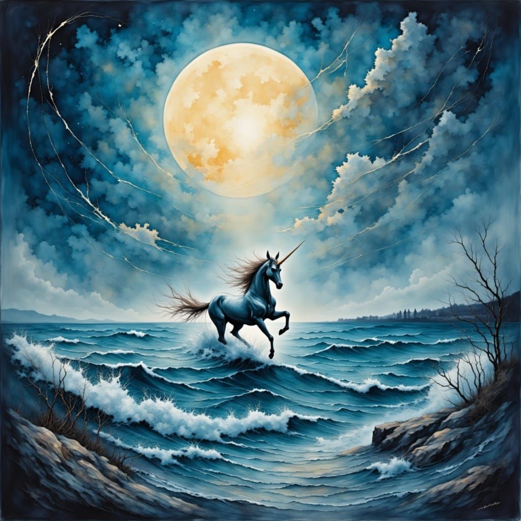 Unicorn Galloping From Ocean in Storybook Style