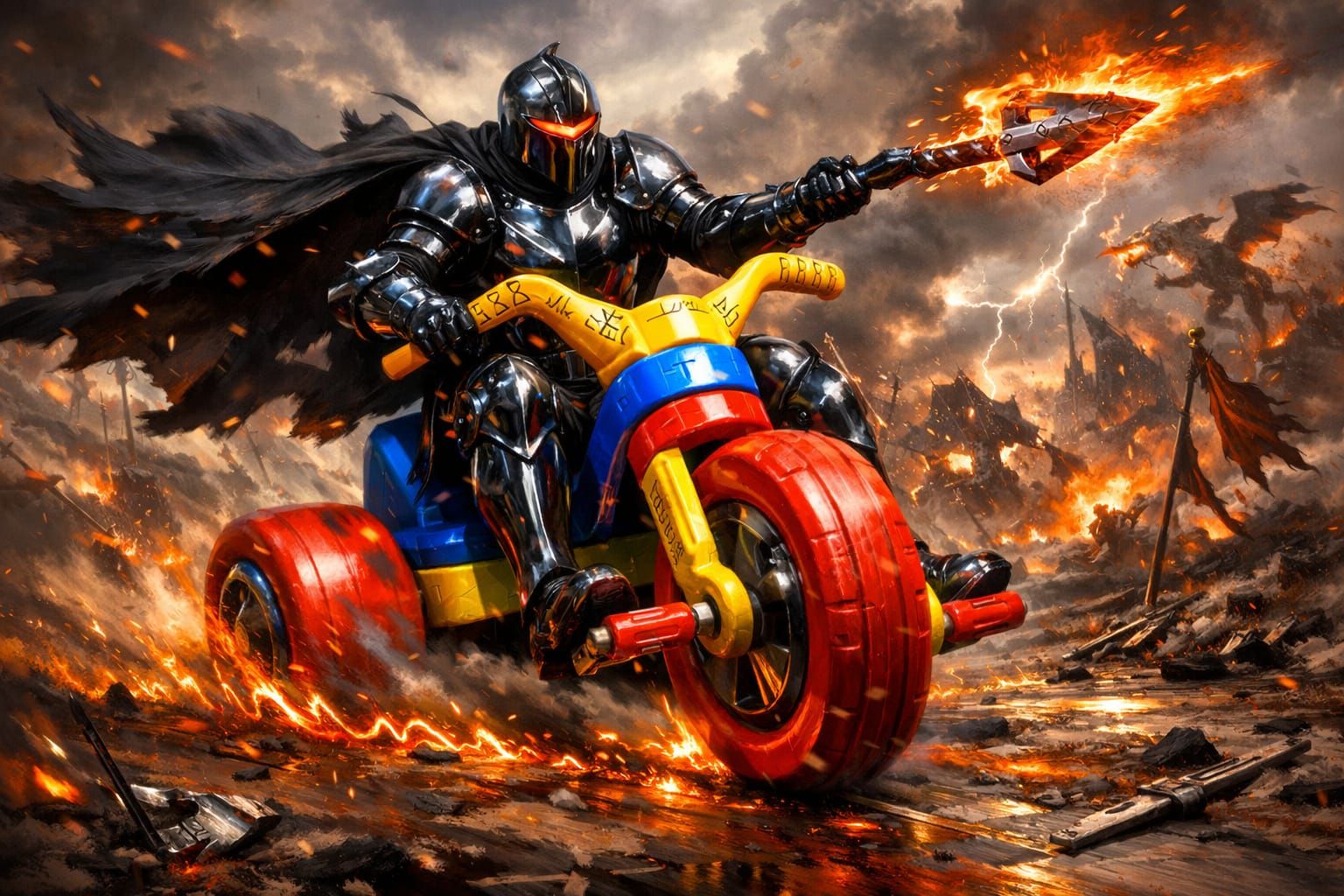 Knight on Giant Tricycle Charges Battlefield in High Fantasy...