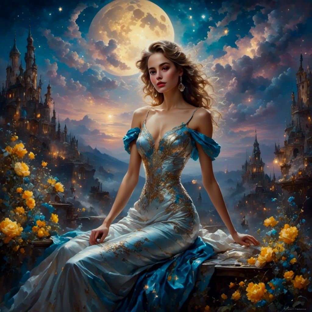 Fantasy Nightscape Under Moon and Stars