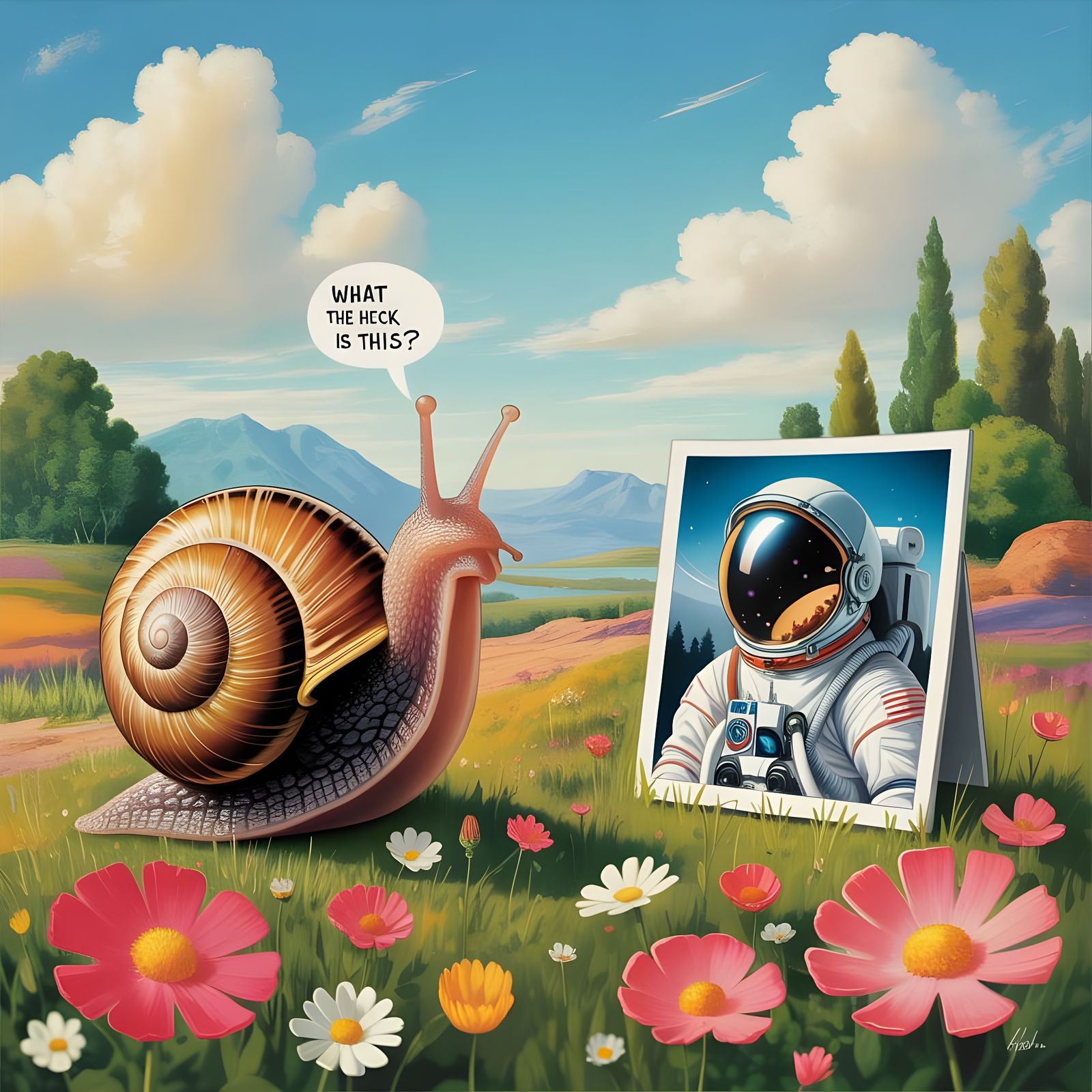 Snail Wonders at Astronaut Photo in Colorful Painting