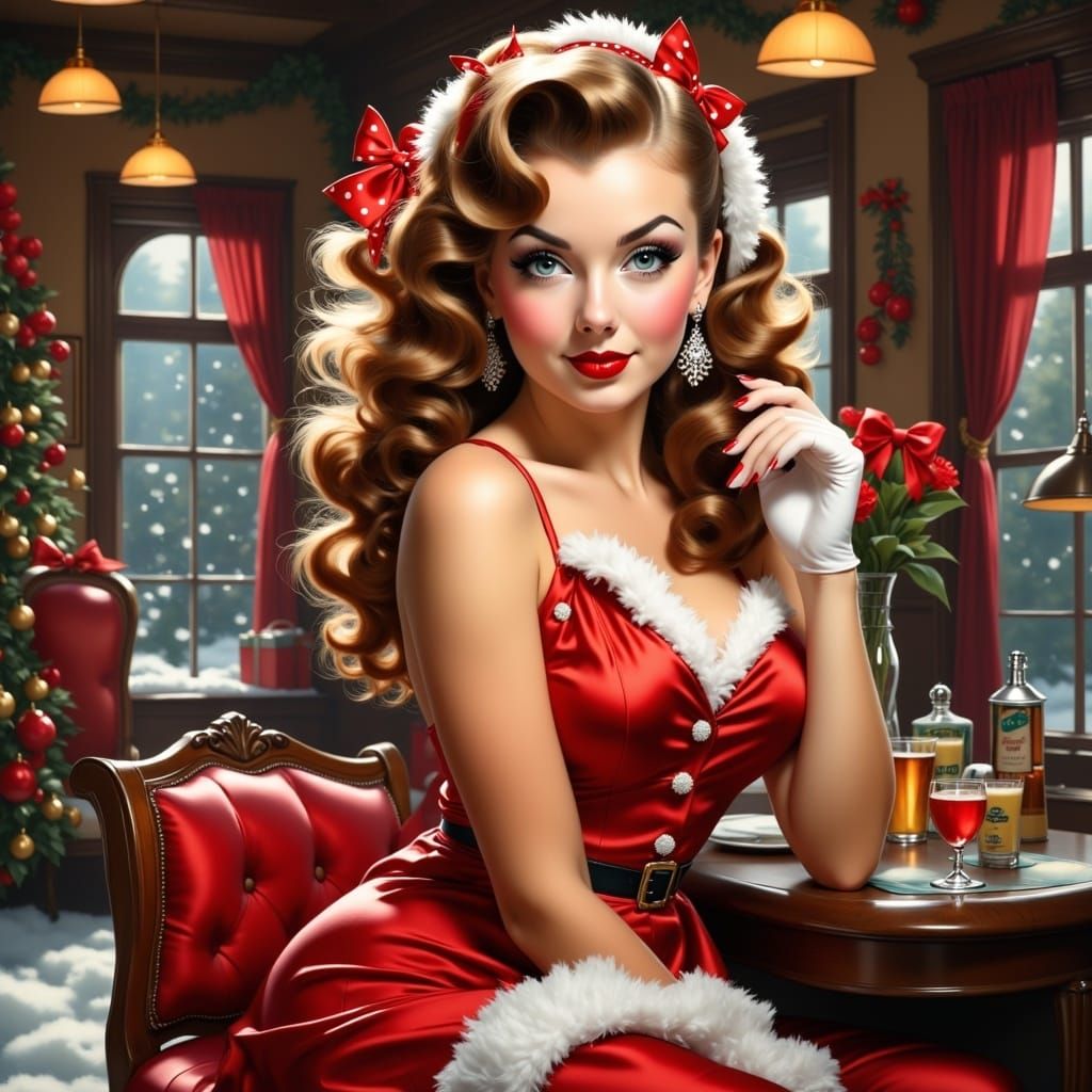 Pin-Up Nymph Sits with Santa's Sleigh
