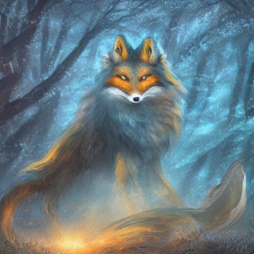 Nine-Tailed Fox Spirit in a Foggy Forest