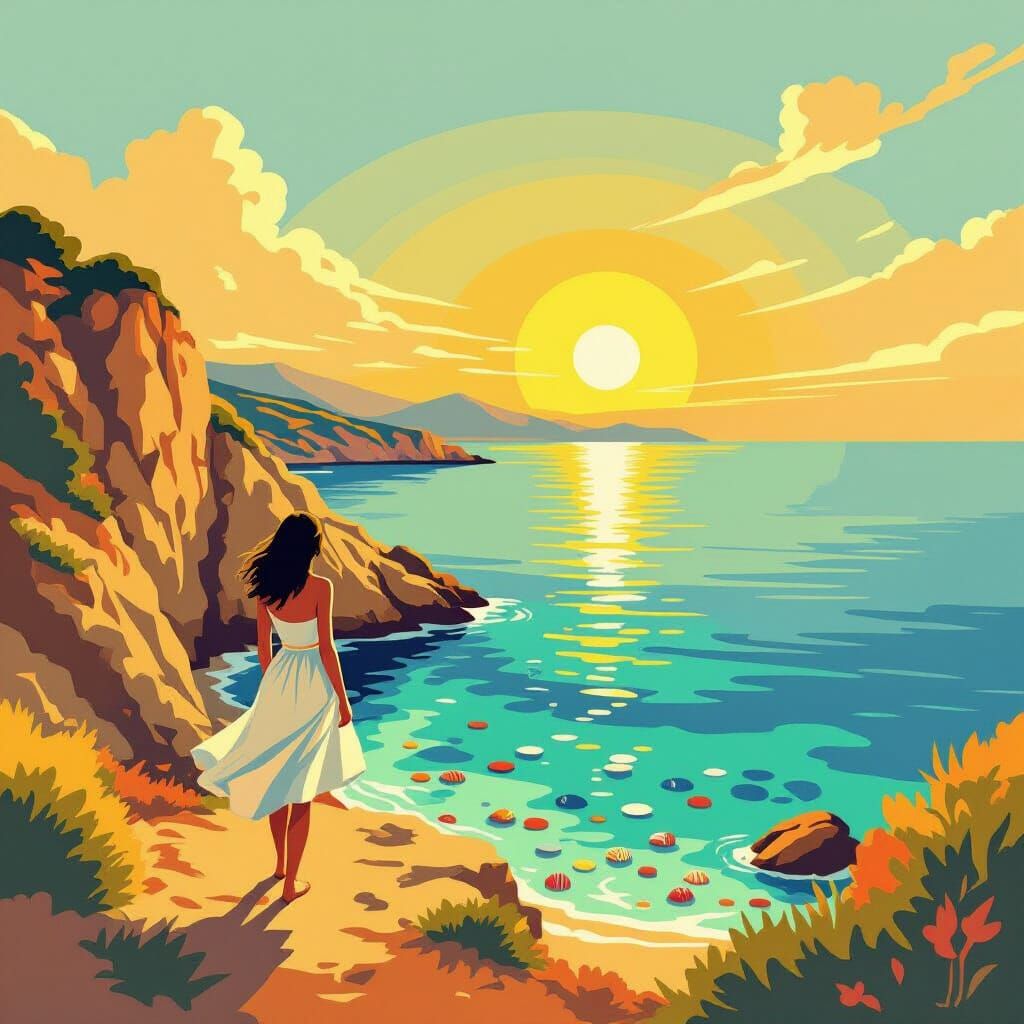 Sardinian Cove Sunset in Classic Travel Poster Style