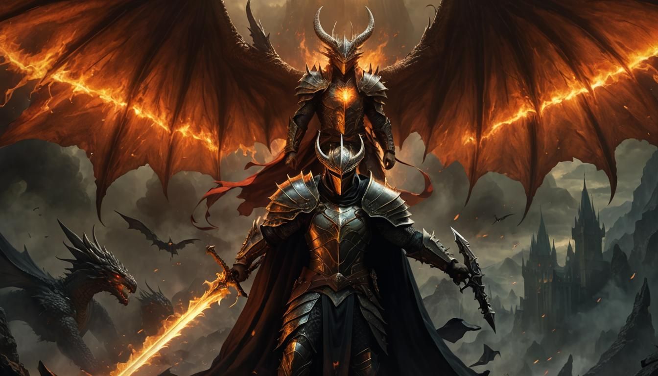 Winged Warrior Wielding Flaming Swords in Dark Fantasy