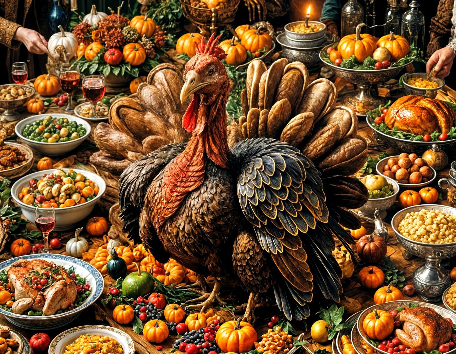 Angry Turkey Cooking Thanksgiving Dinner: Surreal Close-Up