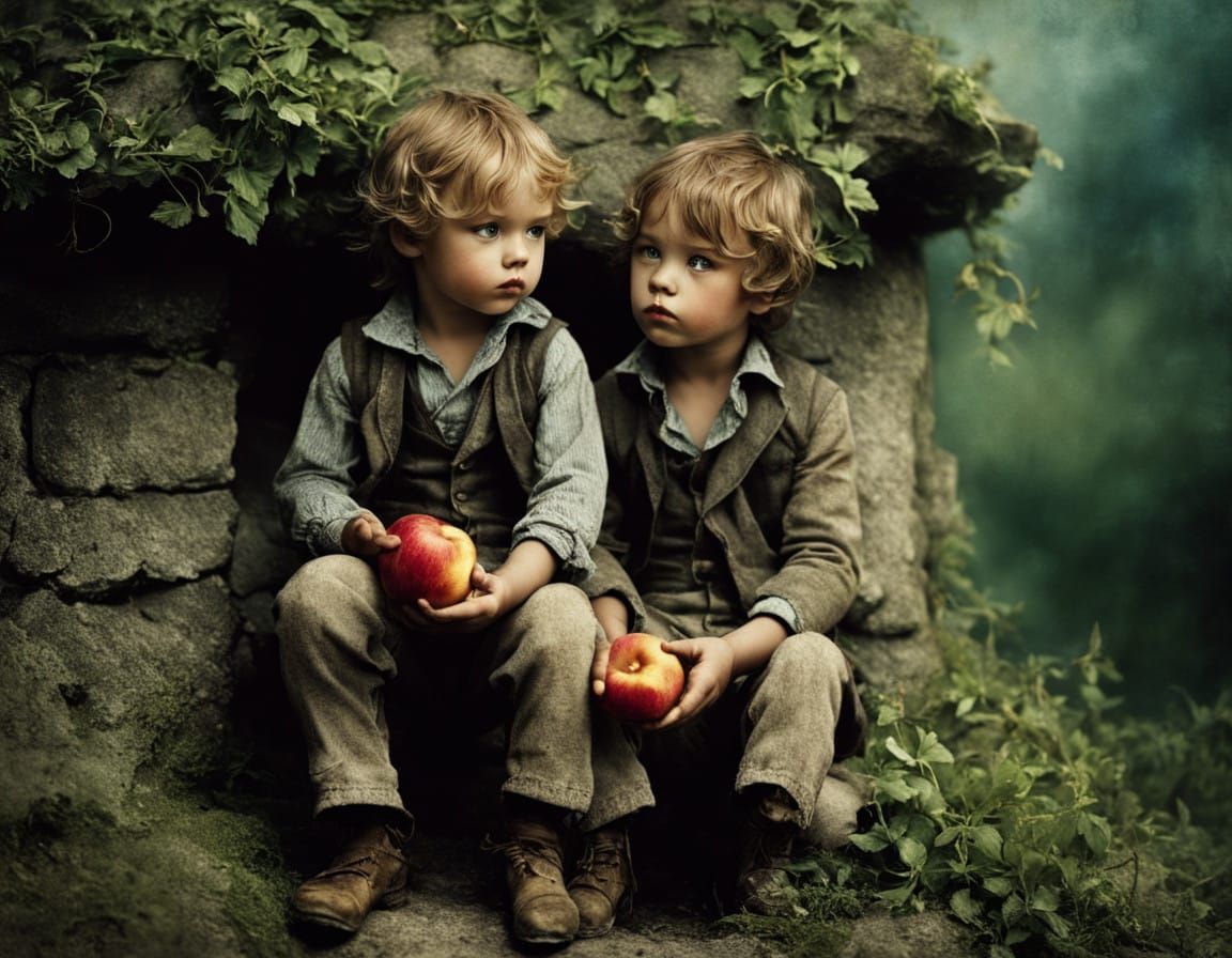 Charming Boys Feast on Apples Amidst Nature's Beauty