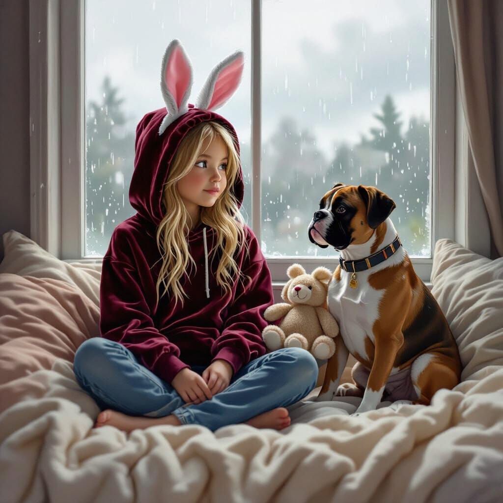 Girl and Dog Watching Rain, Airbrushed Style