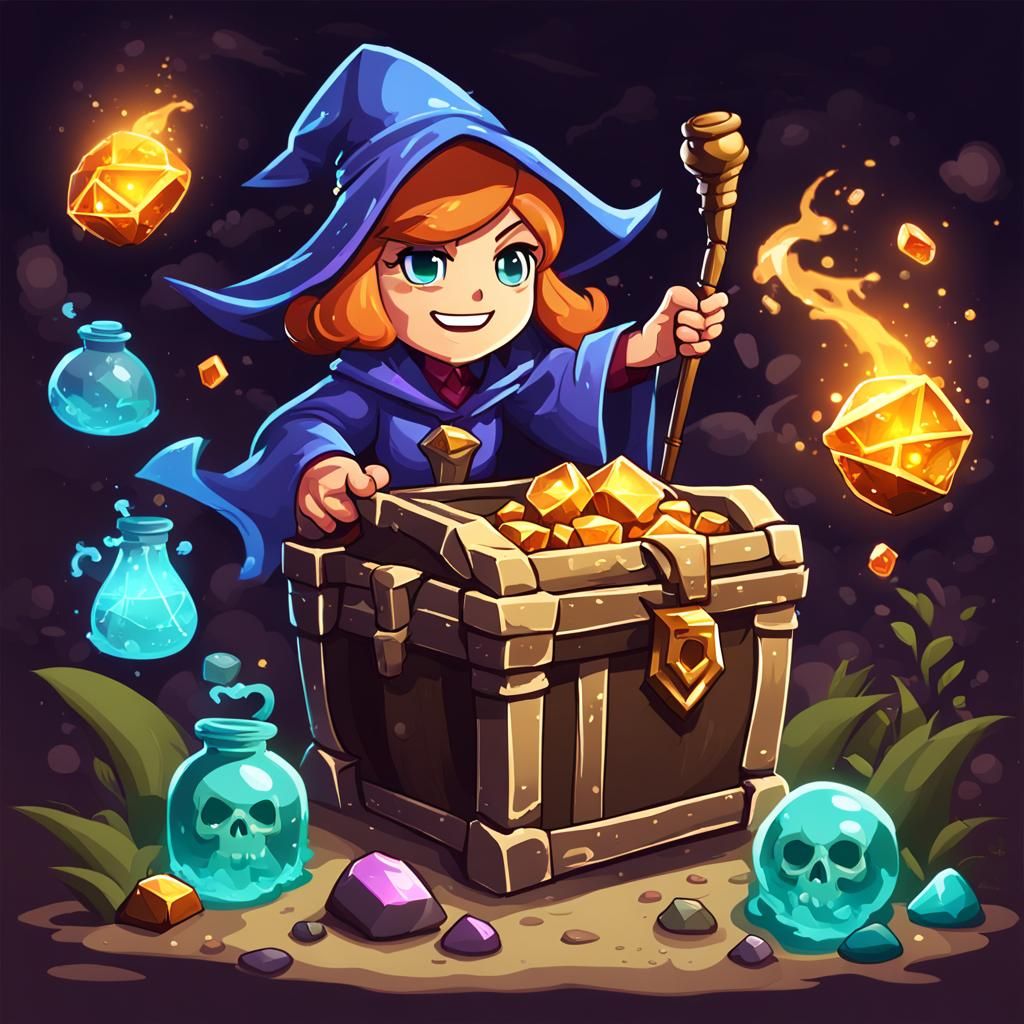 Cute Wizard Opens Enchanted Dungeon Treasure Chest