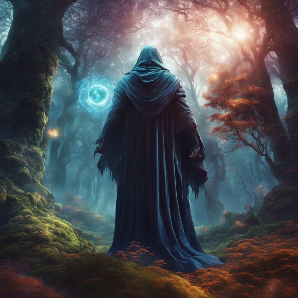 Mysterious Figure in a Celestial Forest