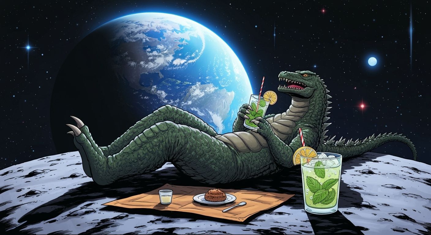 Kaiju Relaxing on the Moon in Comic Book Style