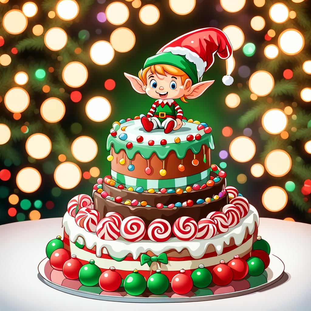 Cute Christmas Elf on Candy Cake Cartoon