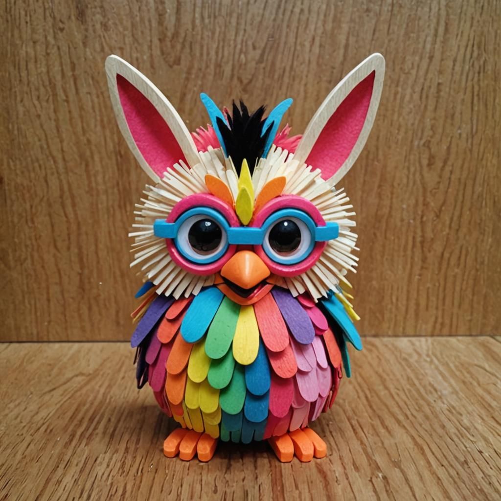 Furby Sculpture Made of Popsicle Sticks