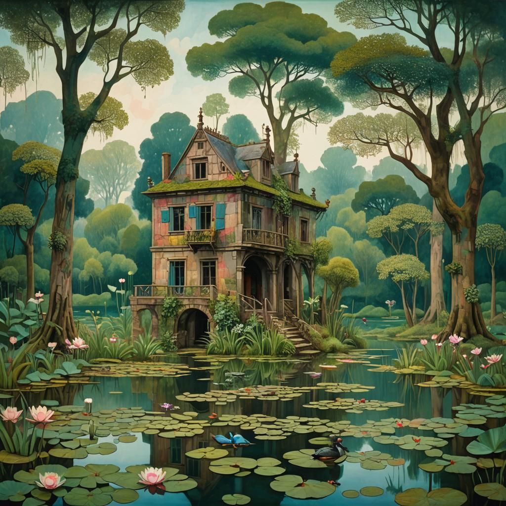 Manor House Ruins on Lake, Intricate Digital Painting