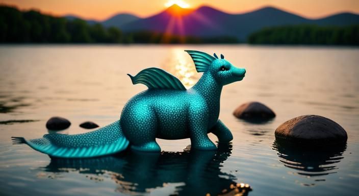 Mountain Lake Sunset with Mermaid Sculptures