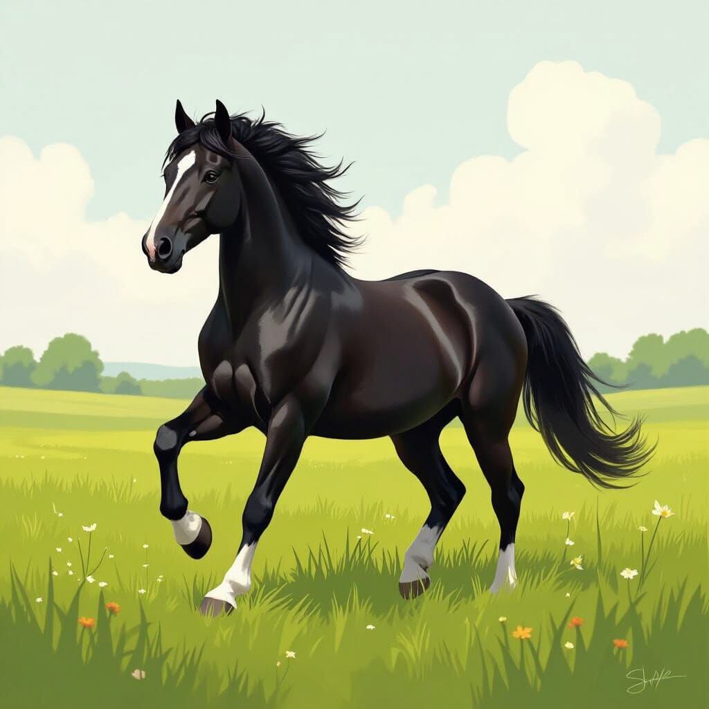 Black Horse Prancing in Meadow, Digital Art Style