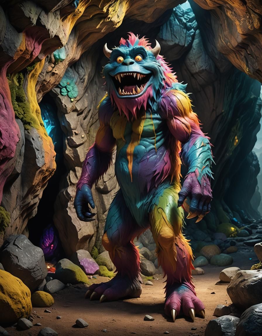 Friendly Colorful Monster at Cave Entrance in 3D