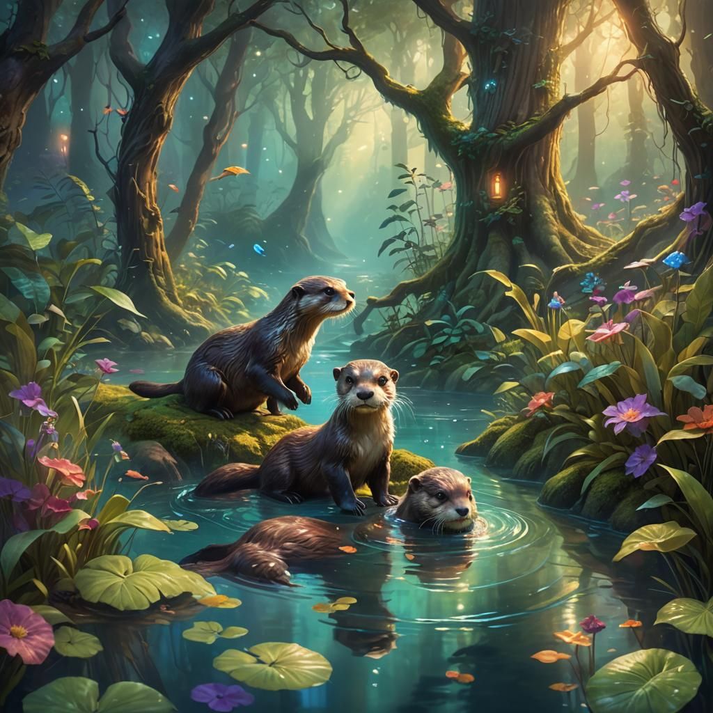Otter and Puppy Play in Mystical Forest