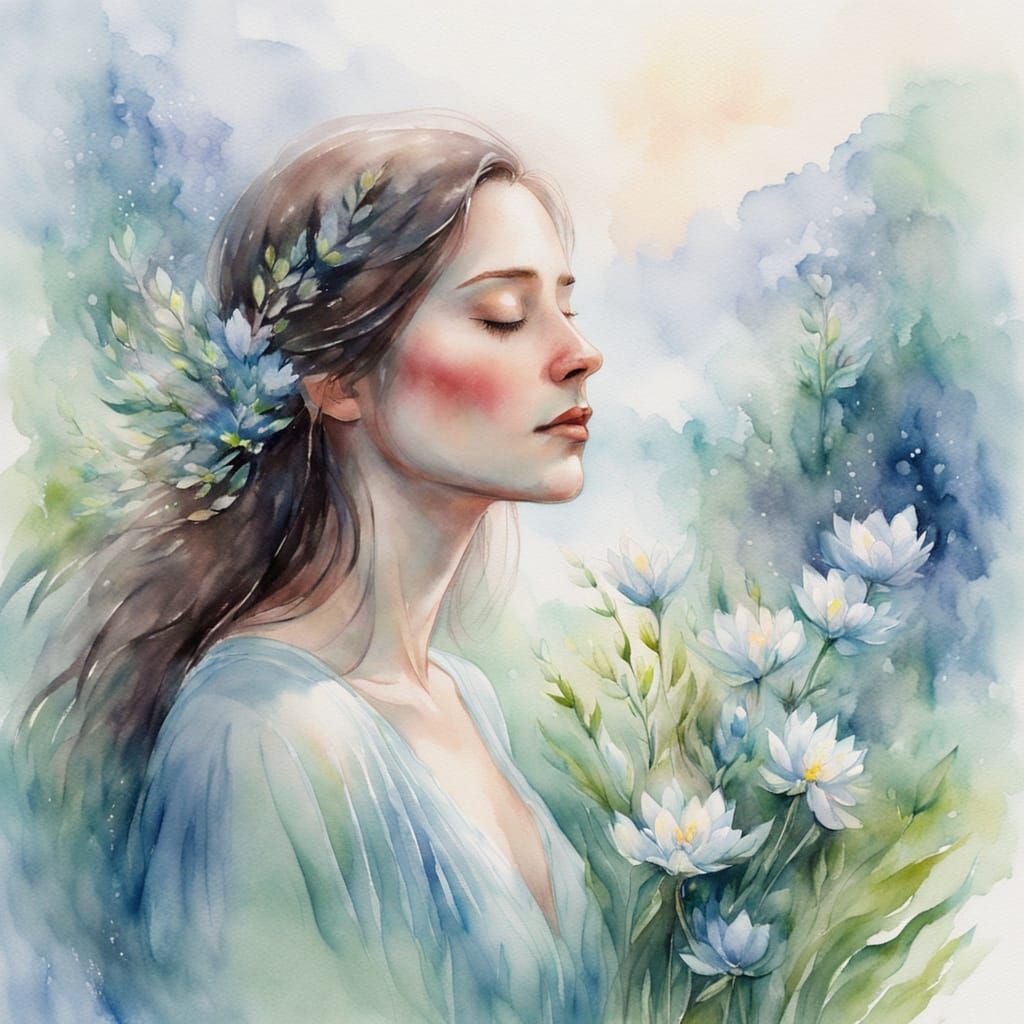Ethereal Watercolor Portrait in Misty Landscape