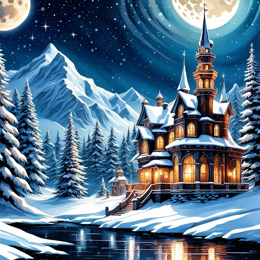 North Pole Christmas Castle Under Shooting Stars