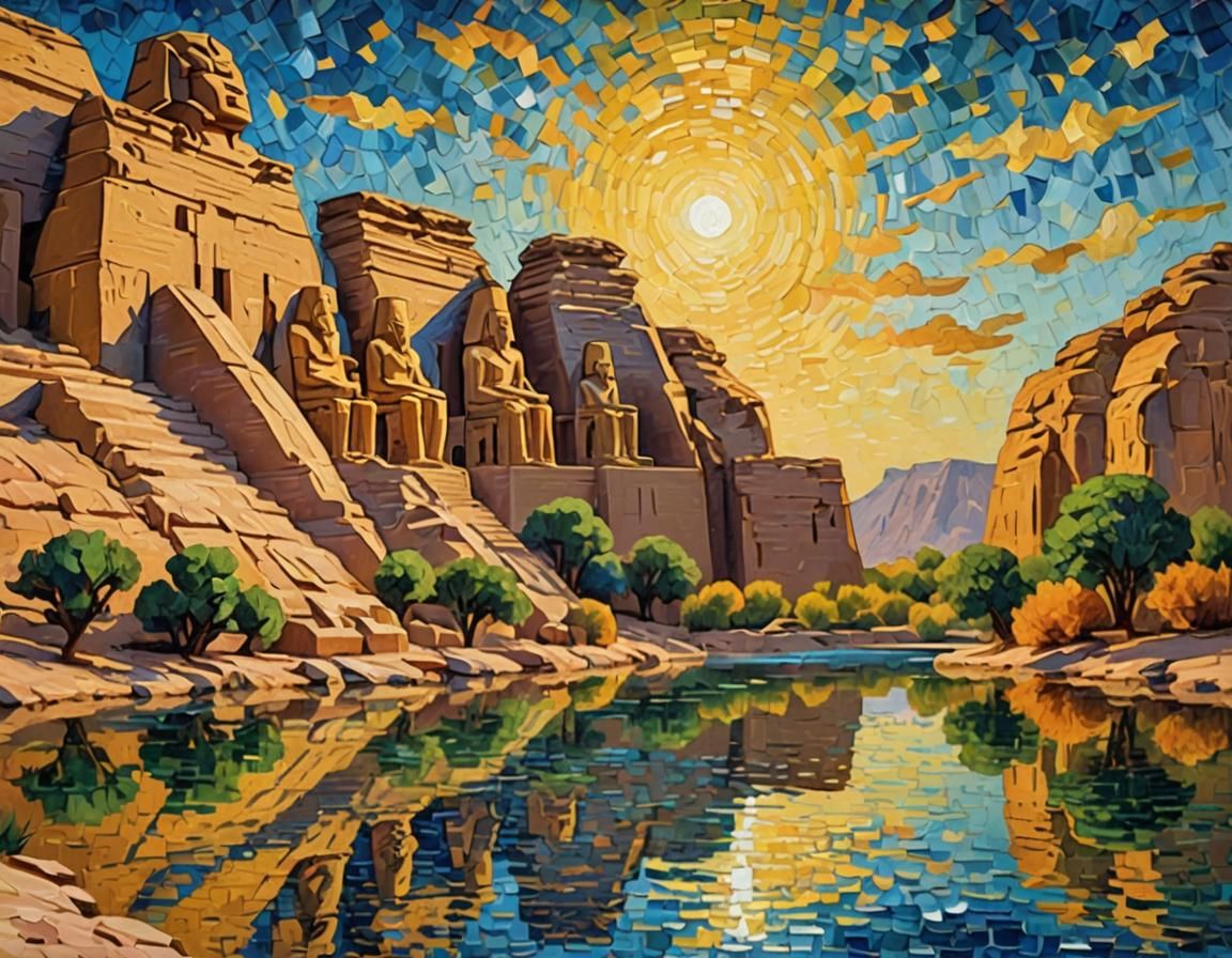 Abu Simbel Temple in Neo-Impressionist Oil Painting