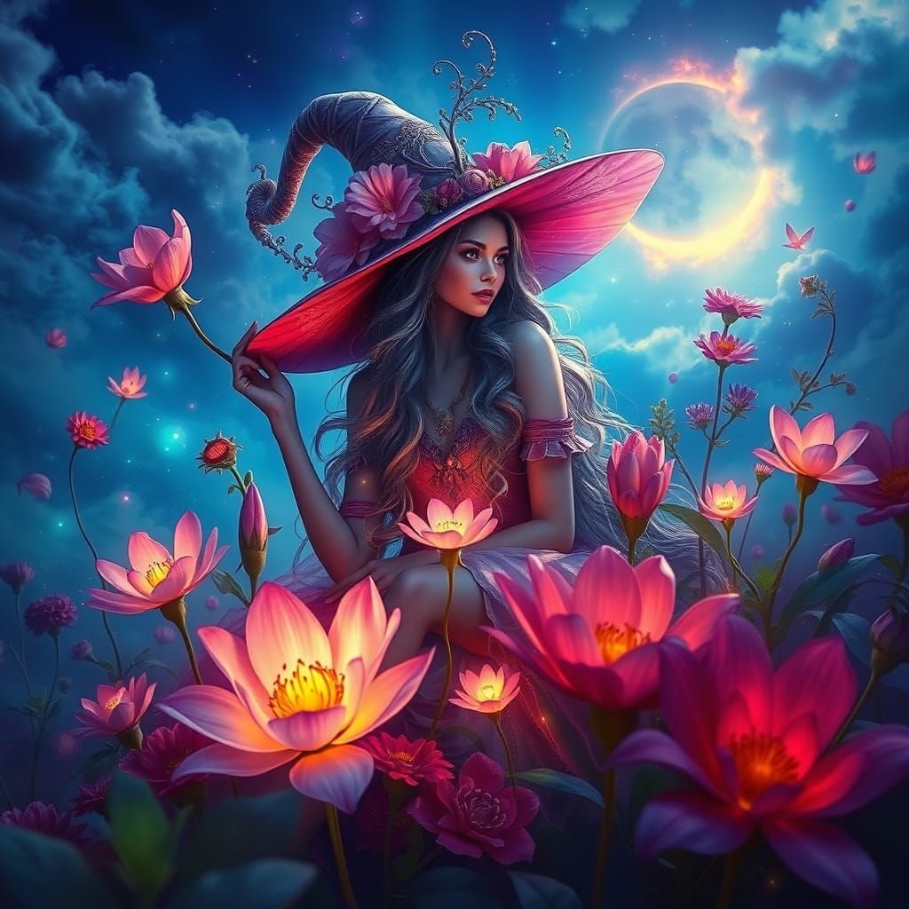 Enchanted Flower Witch in a Whimsical Dreamlike World