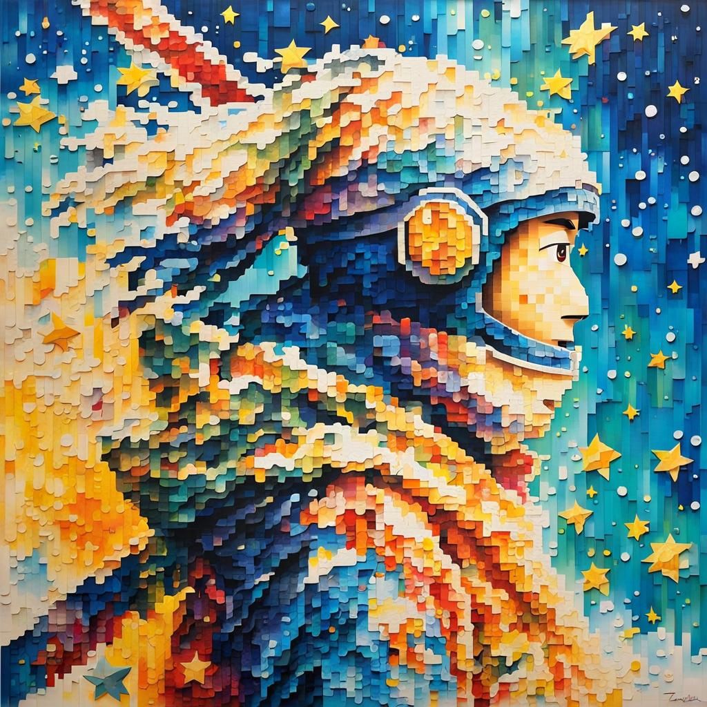 Ninja Character in Abstract Pixel Art Style