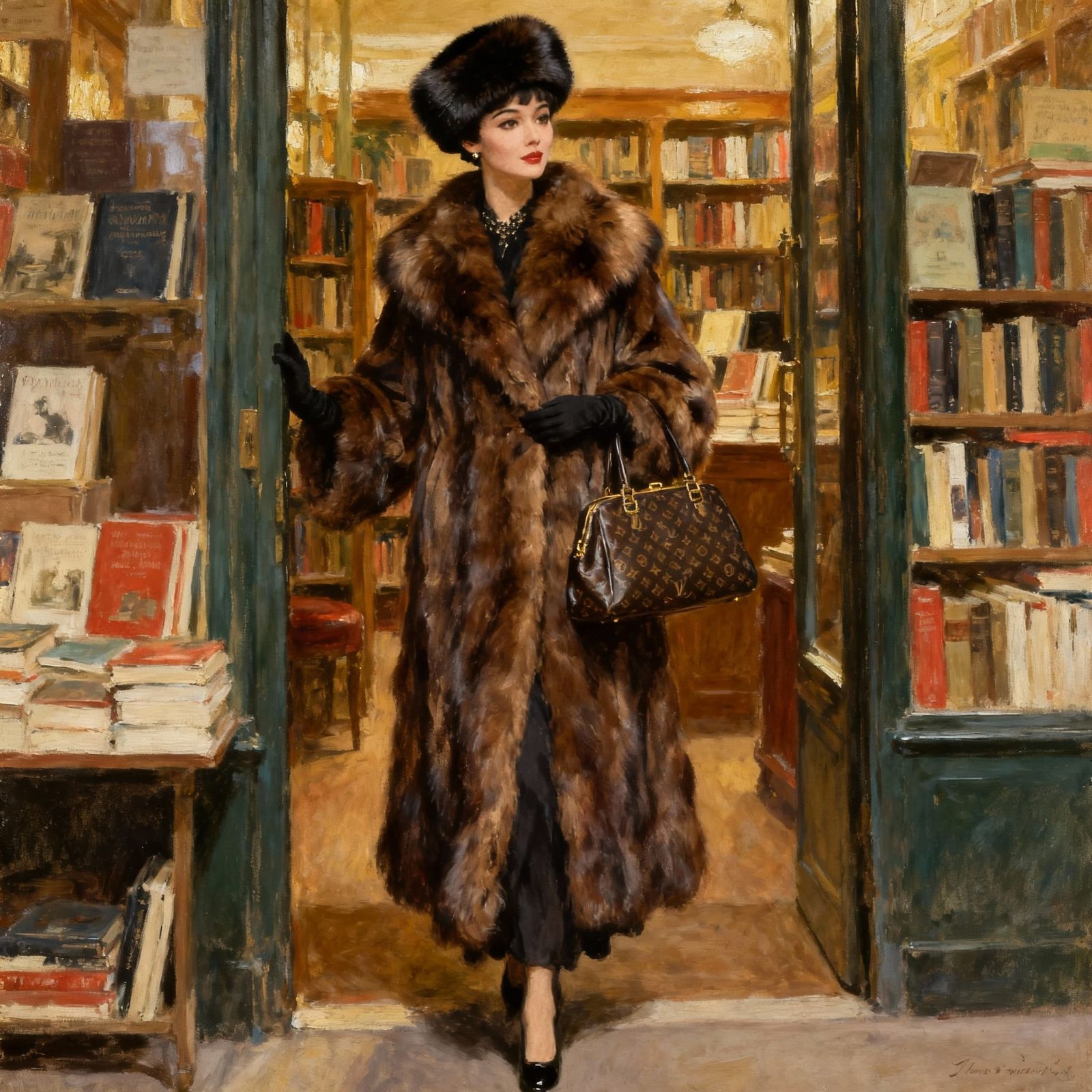 Elegant Woman Enters Bookstore in Fur Coat and Mink Hat