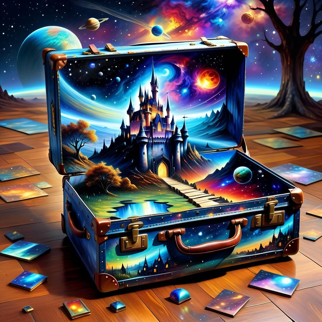 Fantasy World Emerges from Suitcase in Digital Art