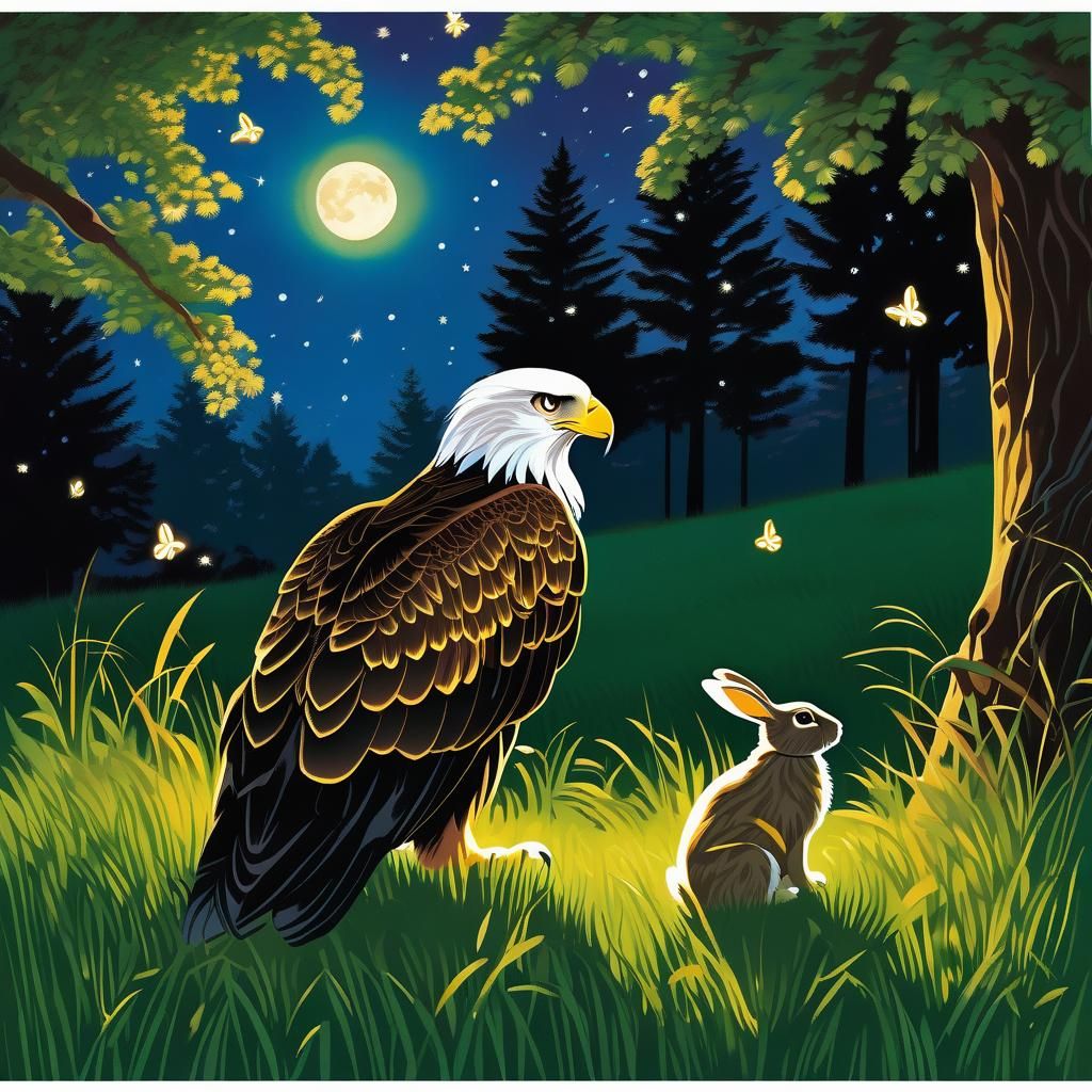 Eagle and Rabbit Harmony in Moonlit Yard