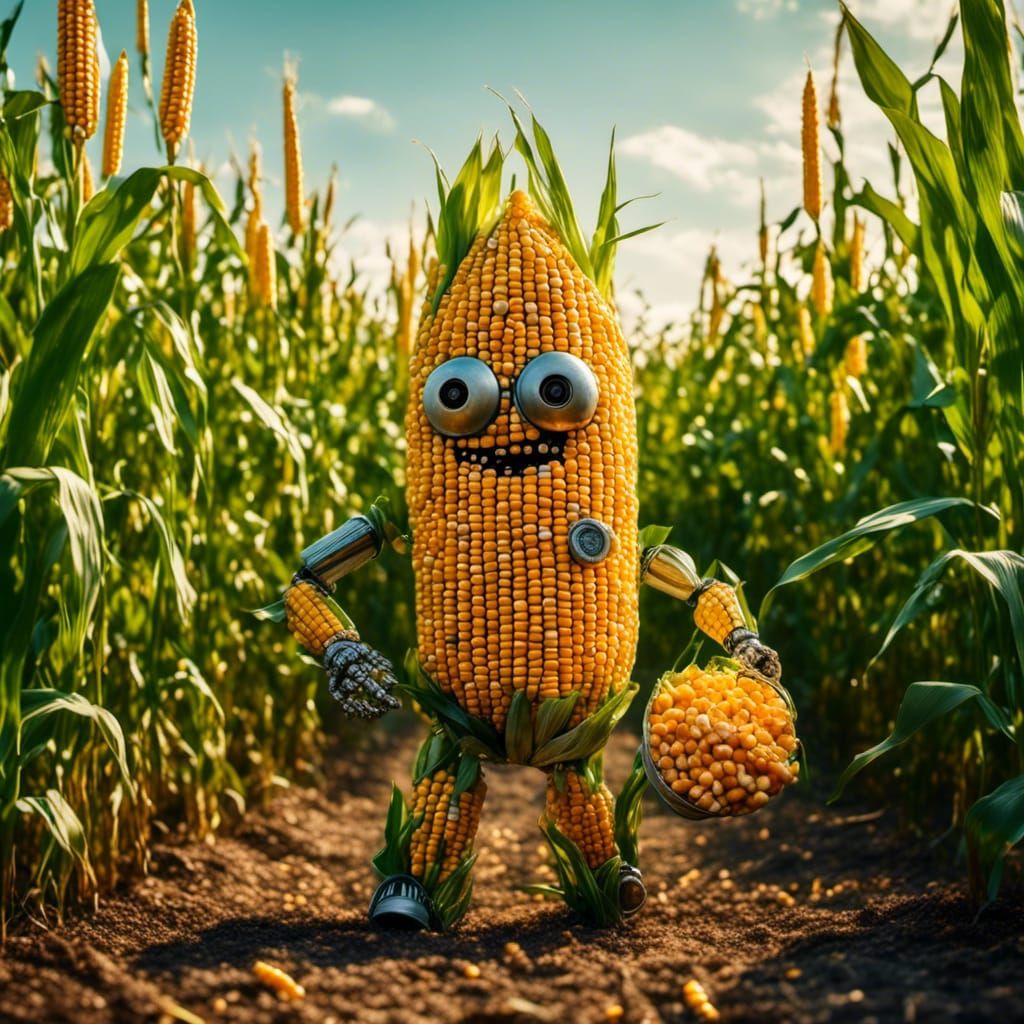 Corn Robot in Cornfield Holding Corn