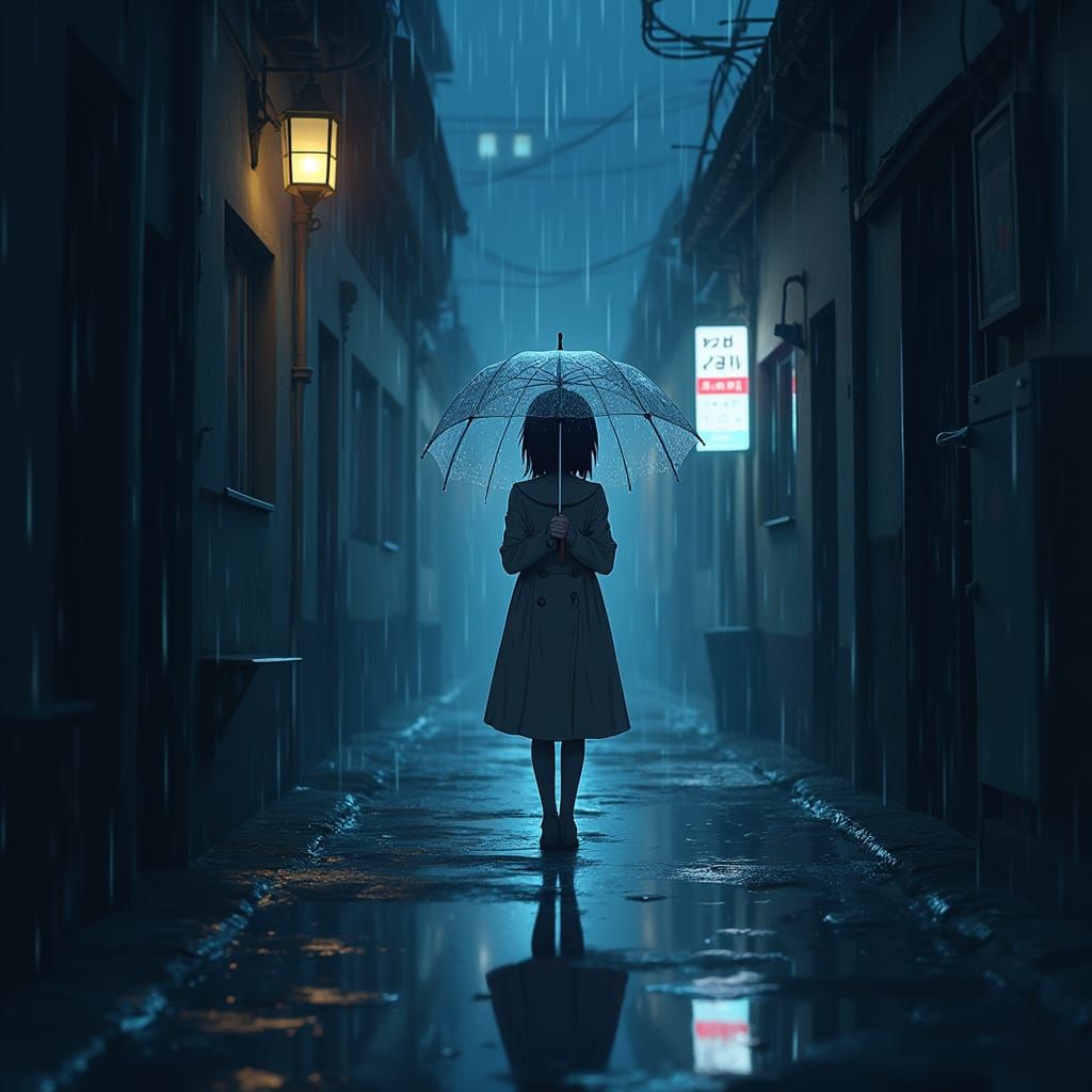 Rainy Alley Anime Girl in Studio Trigger Style