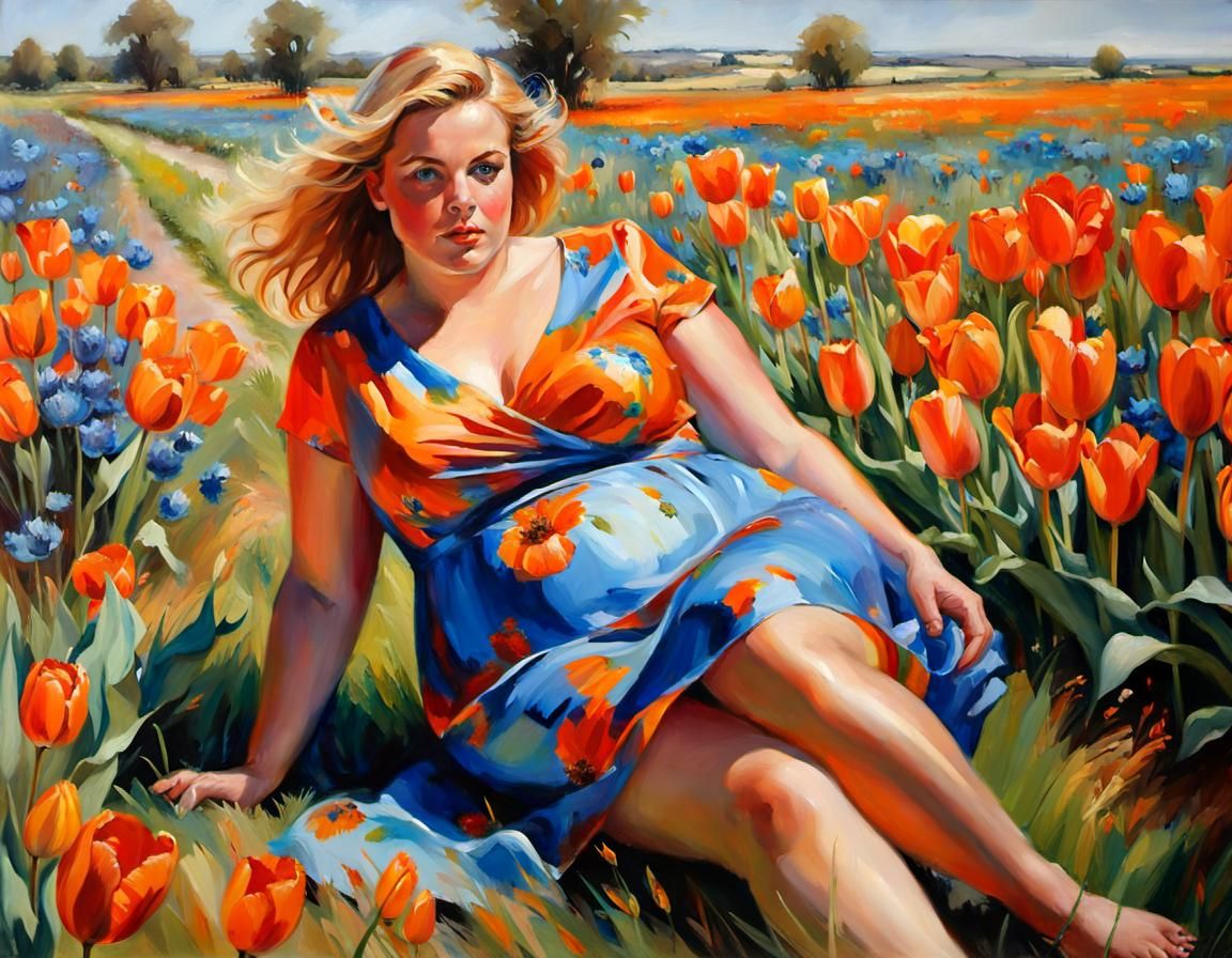 Woman in Tulip Field: Hyperrealistic Oil Painting