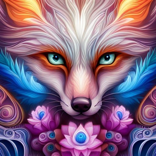 Cute Blue Fox Cub with Fractal Flowers in Pixel Art