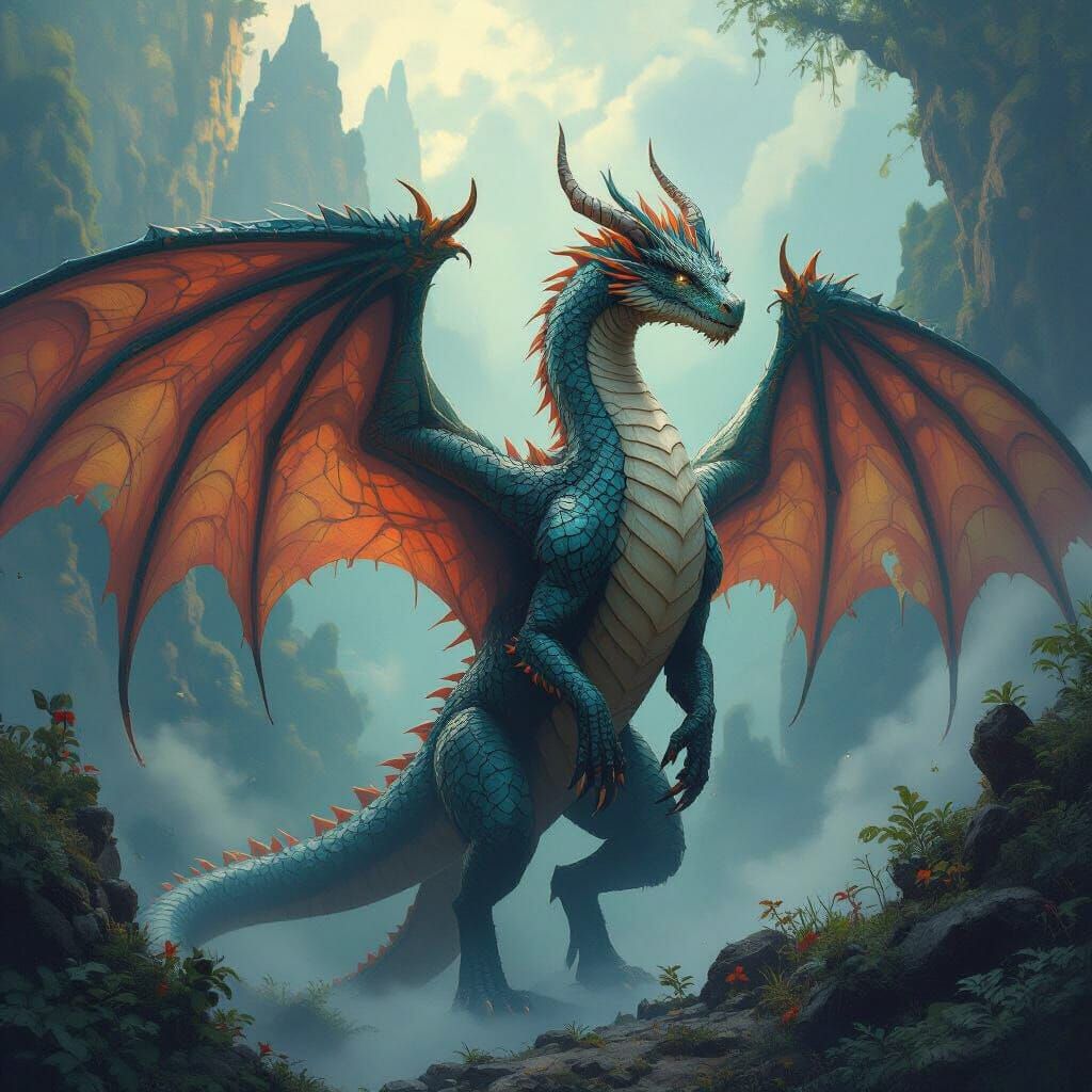 Majestic Dragon in Mystical Realm, Fantasy Art