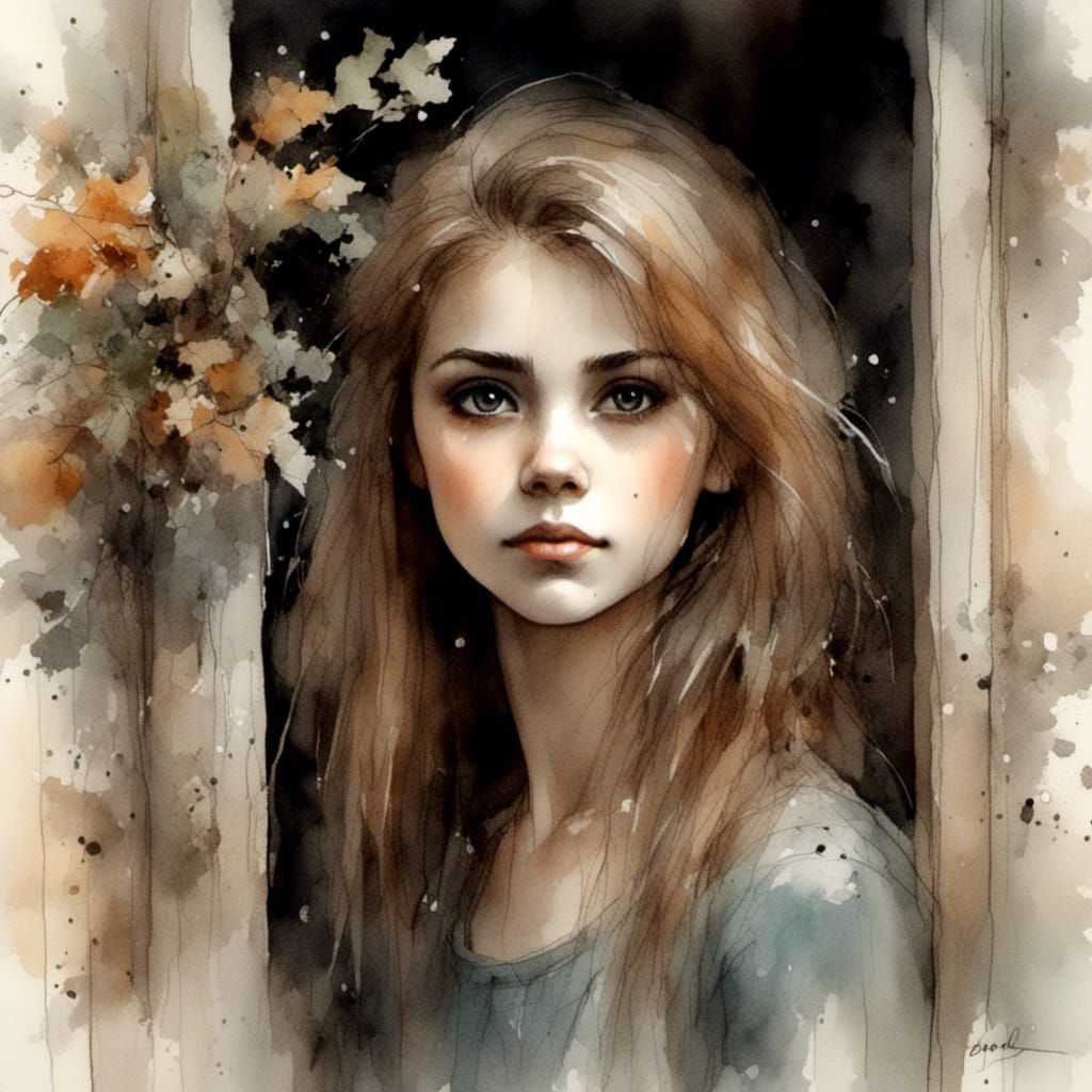 Portrait of Woman with Sparkling Eyes in Watercolor