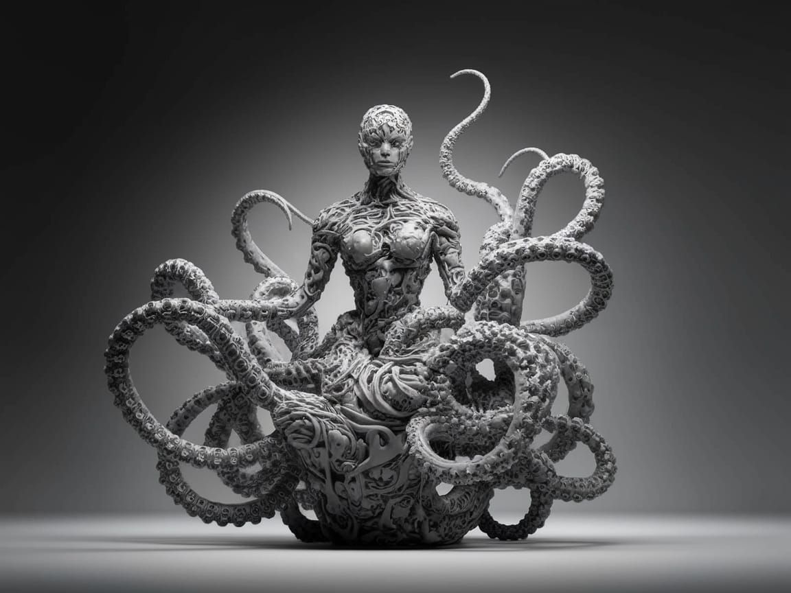 Monochromatic Sculpture of Humanoid Figure in Futuristic Sur...