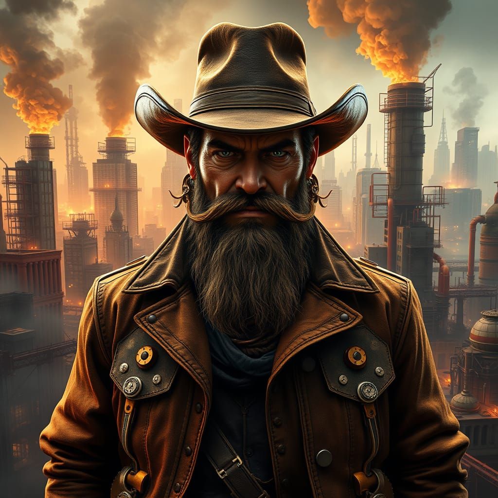 Steampunk Cowboy in Gears and Gears Amidst a Dystopian Metro...