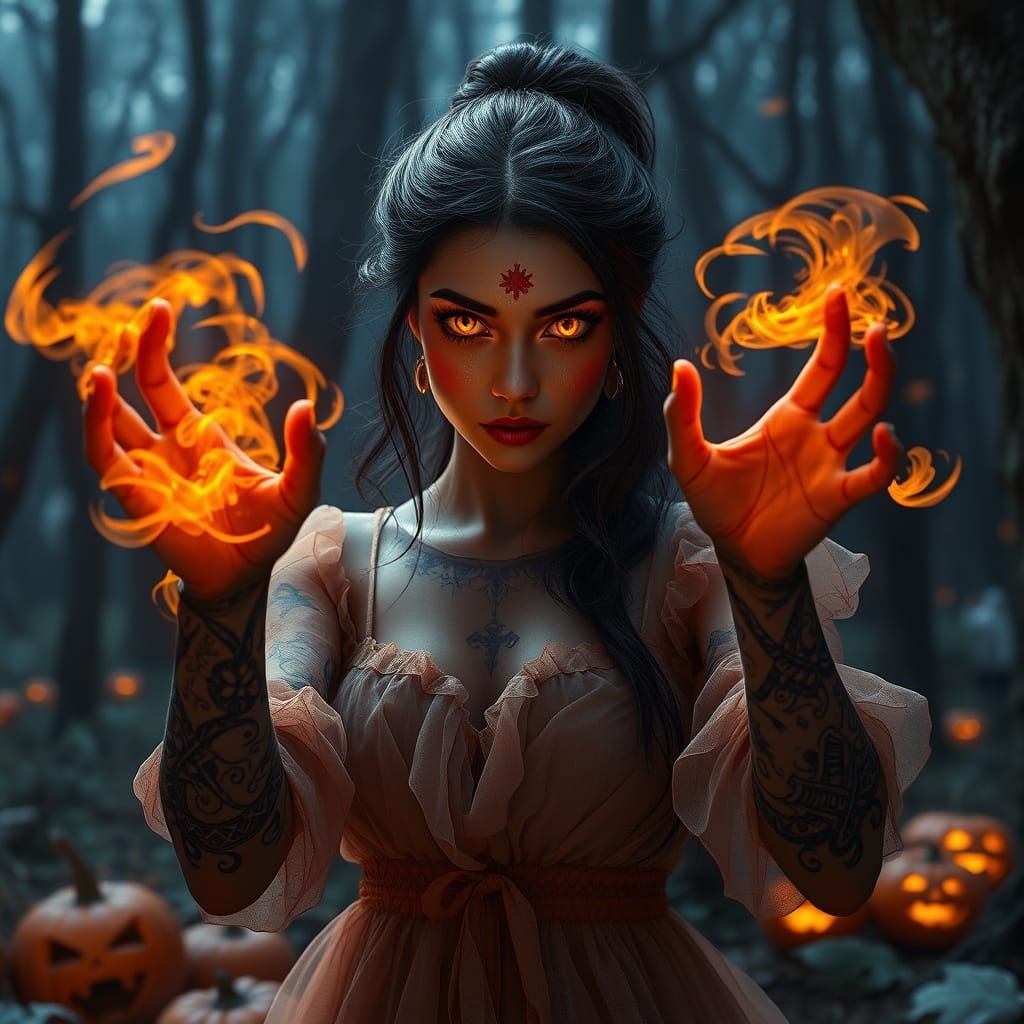 Mysterious Sorceress Casting Halloween Magic in Enchanted Fo...