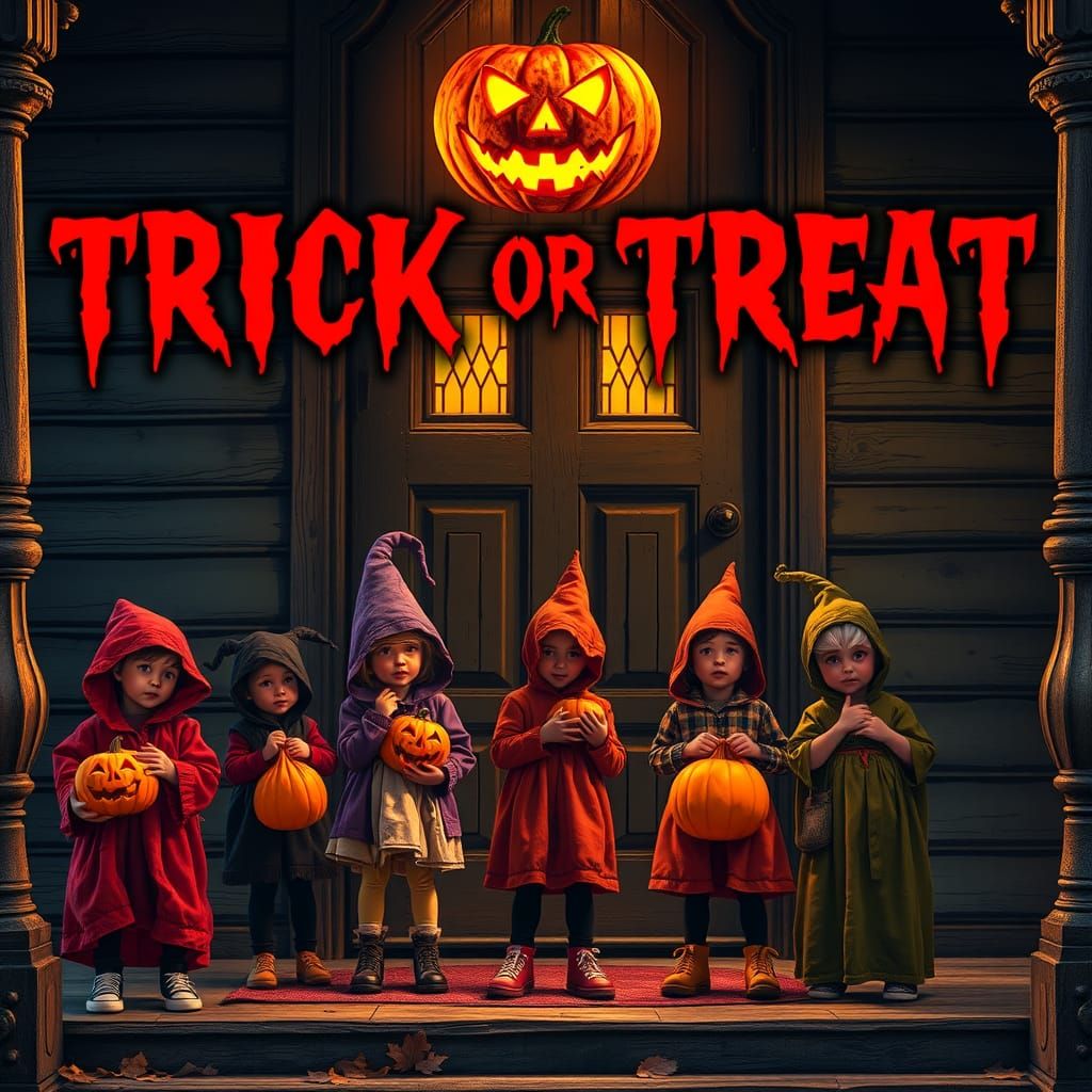 Vintage Halloween Scene with Children Trick-or-Treating