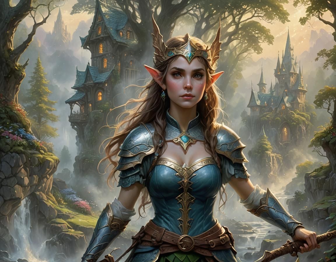 Ethereal Female Elf Warrior in Fantasy Landscape